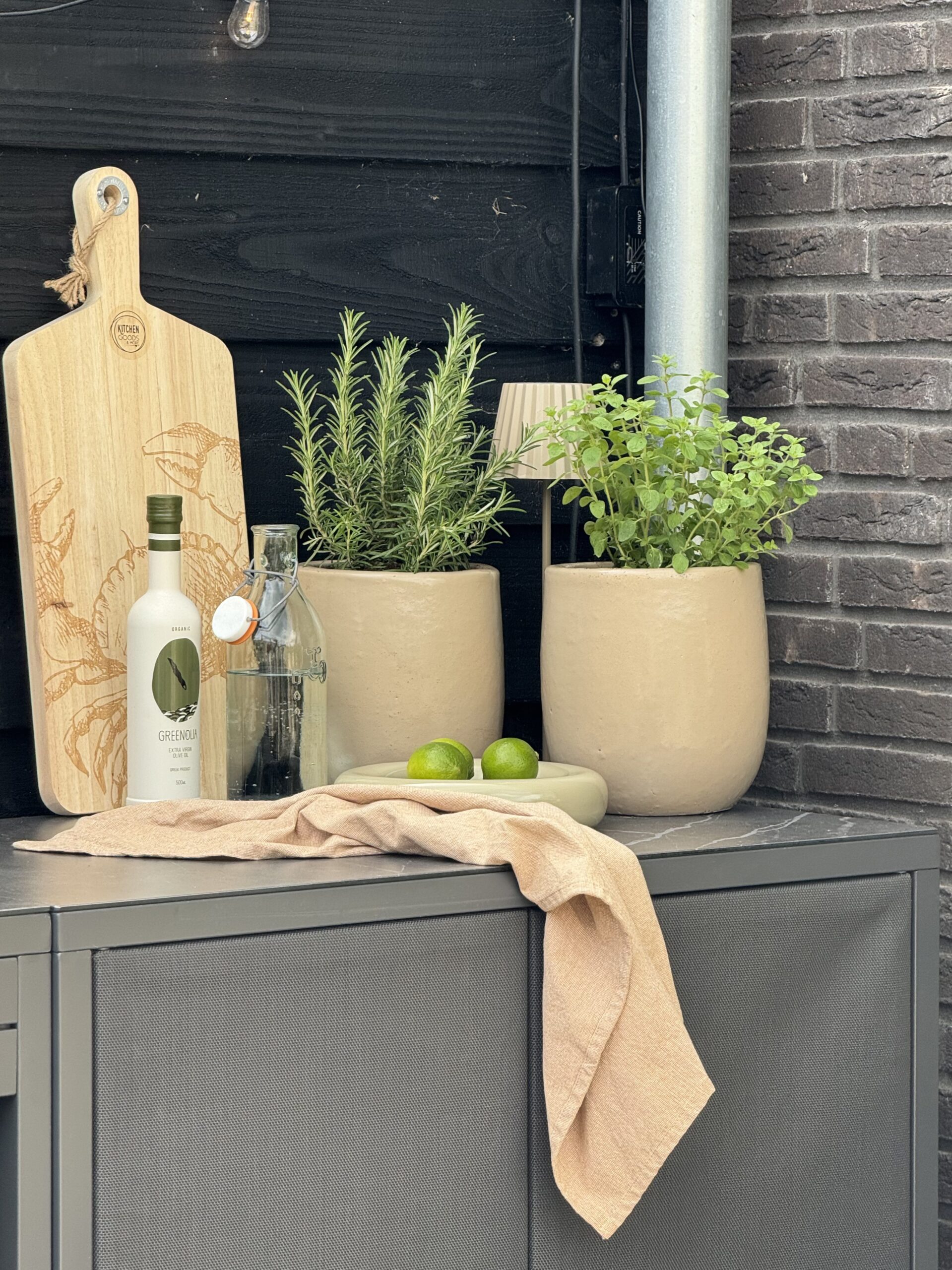 buitenkeuken met verse kruiden borrelplank tuin