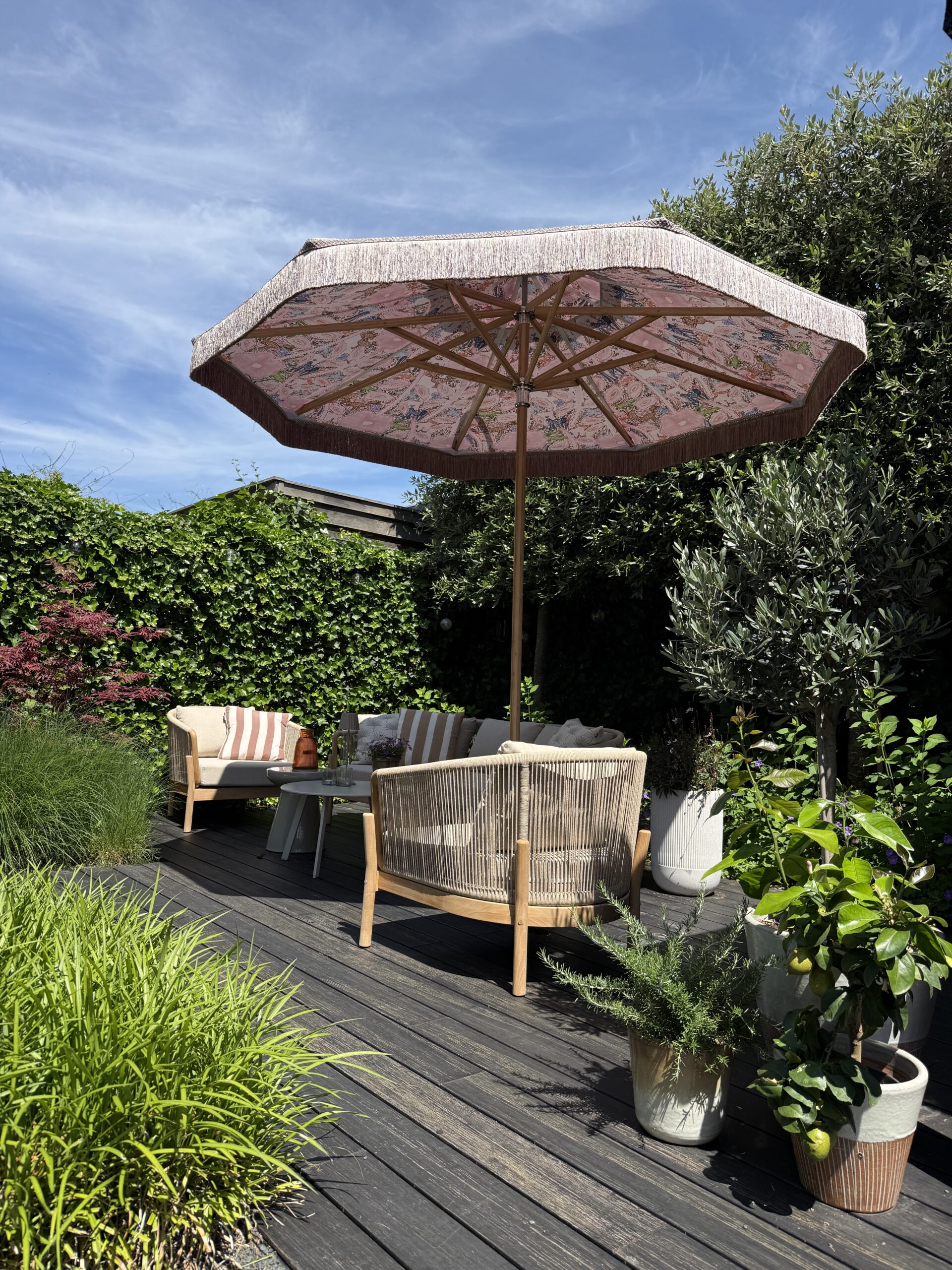 Sfeervolle tuin met design parasol cape umbrellas